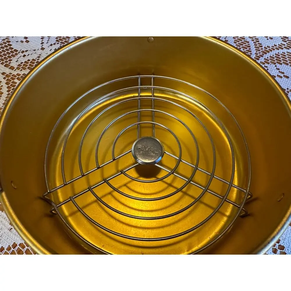 Vintage Rival Crock Pot Bread n Cake Bake Aluminum Pan Insert Lid Rack Gold 9